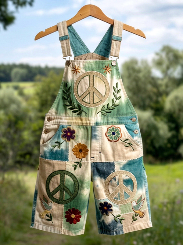 Men's Flower Peace Graphic Patchwork Print Shorts Overalls