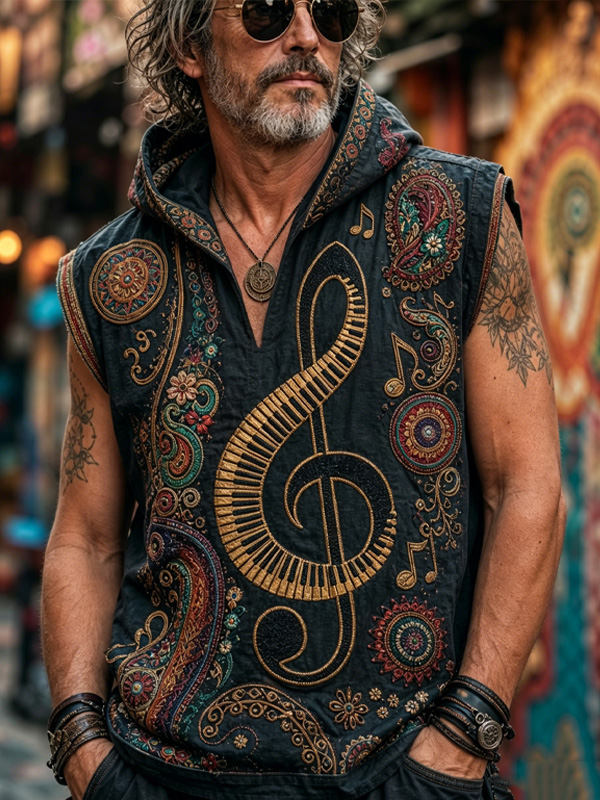 Men's Paisley Treble Clef Music Note Boho Art Print Hooded Tank Top