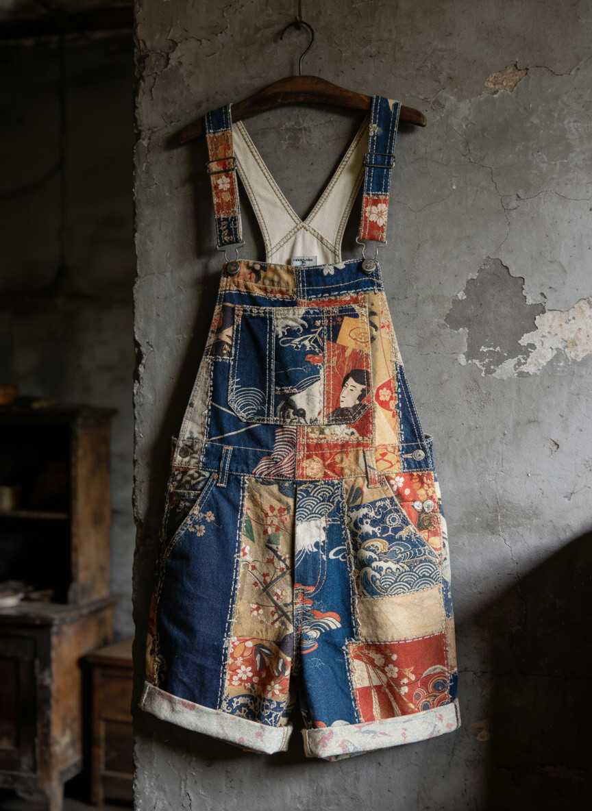 Men's Japanese Ukiyo-e Patchwork Geisha Cherry Blossoms Art Print Denim-Like Shorts Overalls
