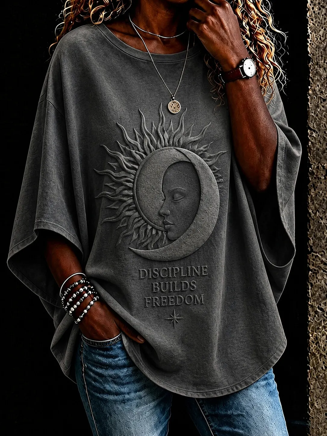 Women's Sun Moon Face Discipline Builds Freedom Art Print Casual T-Shirt