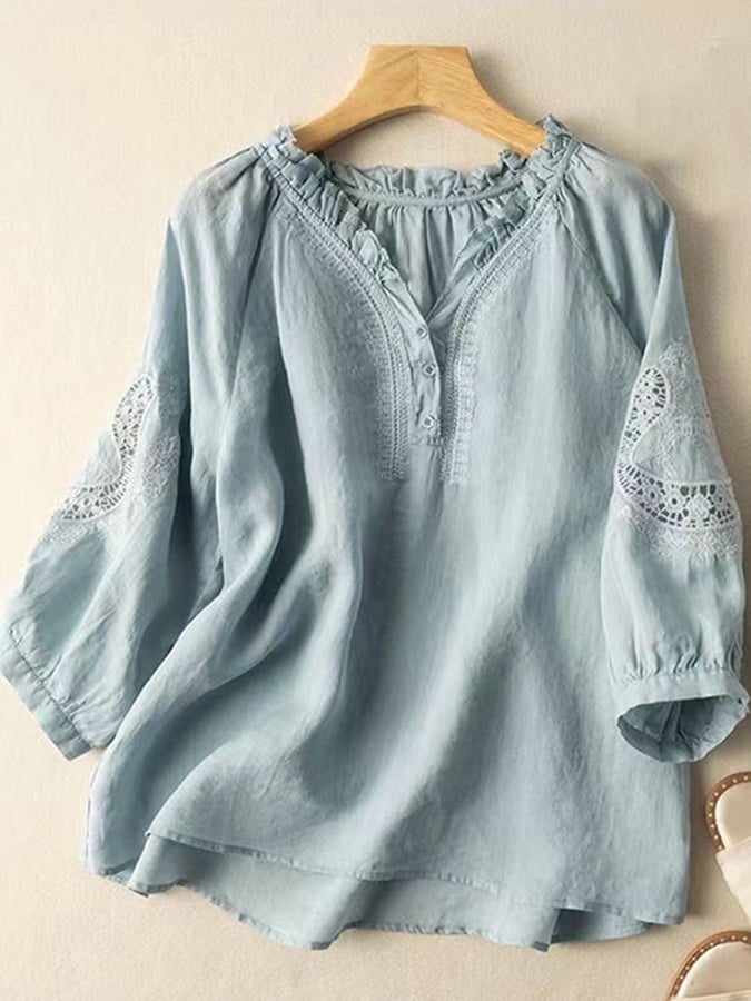 Women'S V-Neck Literary Retro Loose Embroidered Lace Hollow Shirt