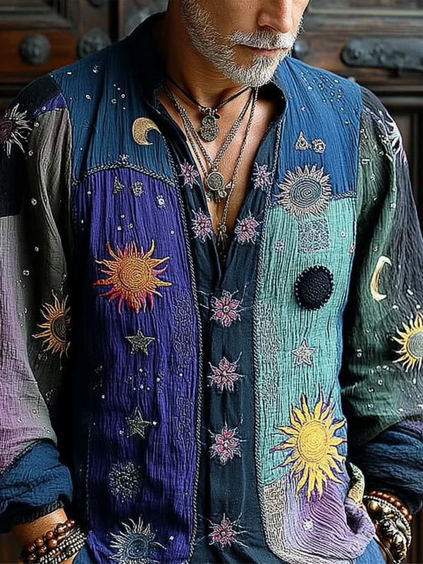 Men's Mysterious Sun Moon Graphic Colorblock Print Long Sleeve Shirt