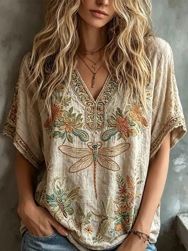Women's Vintage Boho Dragonflies And Flowers Print V Neck T-Shirt