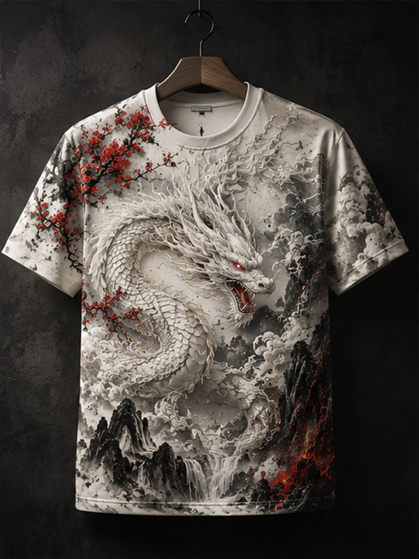 Men's Dragon Ukiyo-E Flower Japanese Art Print Casual T-Shirt
