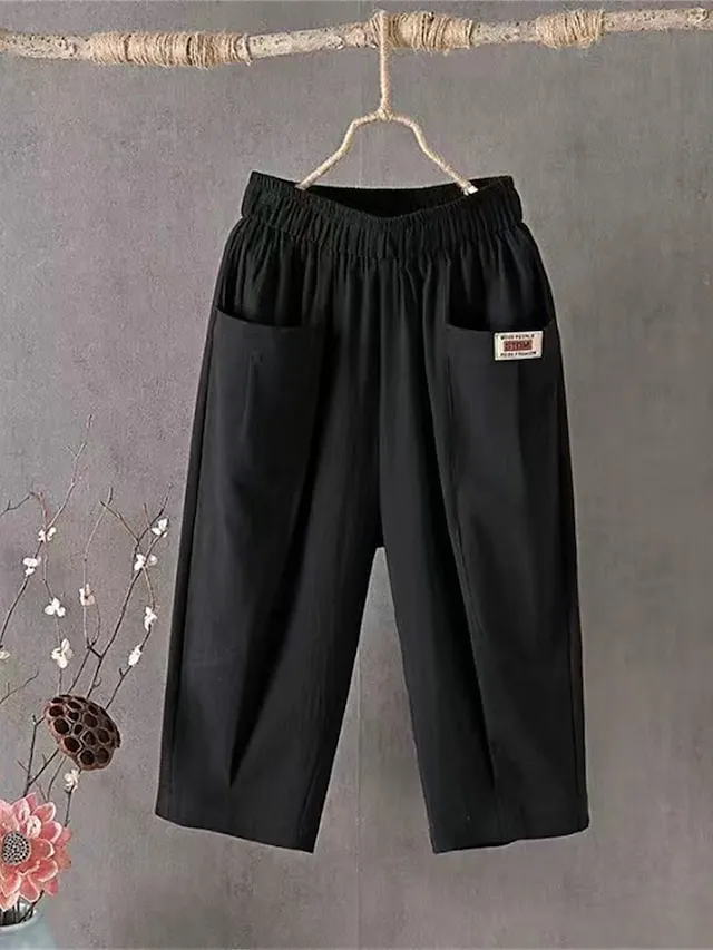 Women's Shorts Slacks Cotton Pocket High Waist Calf-Length Black Summer