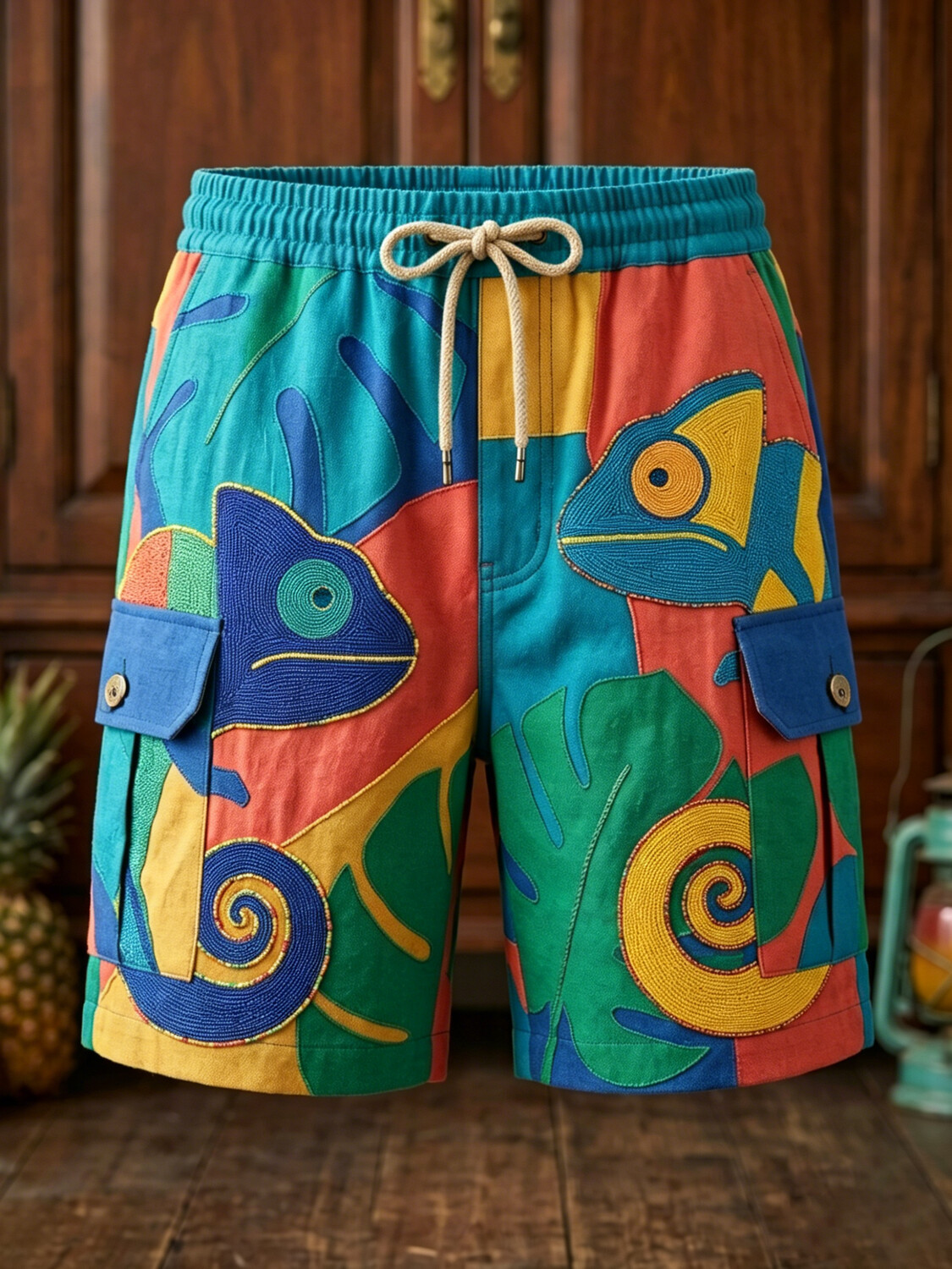 Men's Abstract Chameleon Art Print Vacation Style Drawstring Cargo Shorts