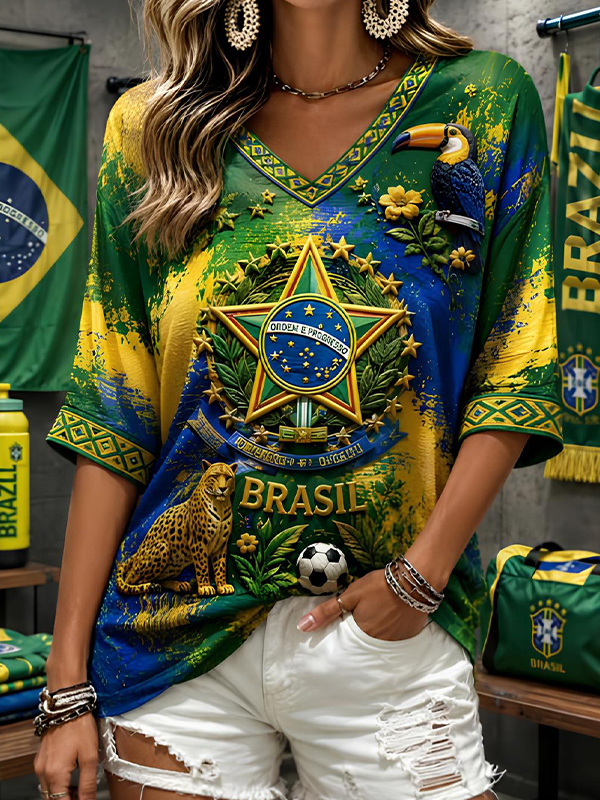 Women's Brazil Tropical Animal Flag Print Casual V Neck T-Shirt
