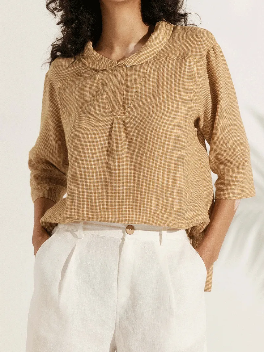 Women's Casual Checked Linen Classic Doll Collar Shirt