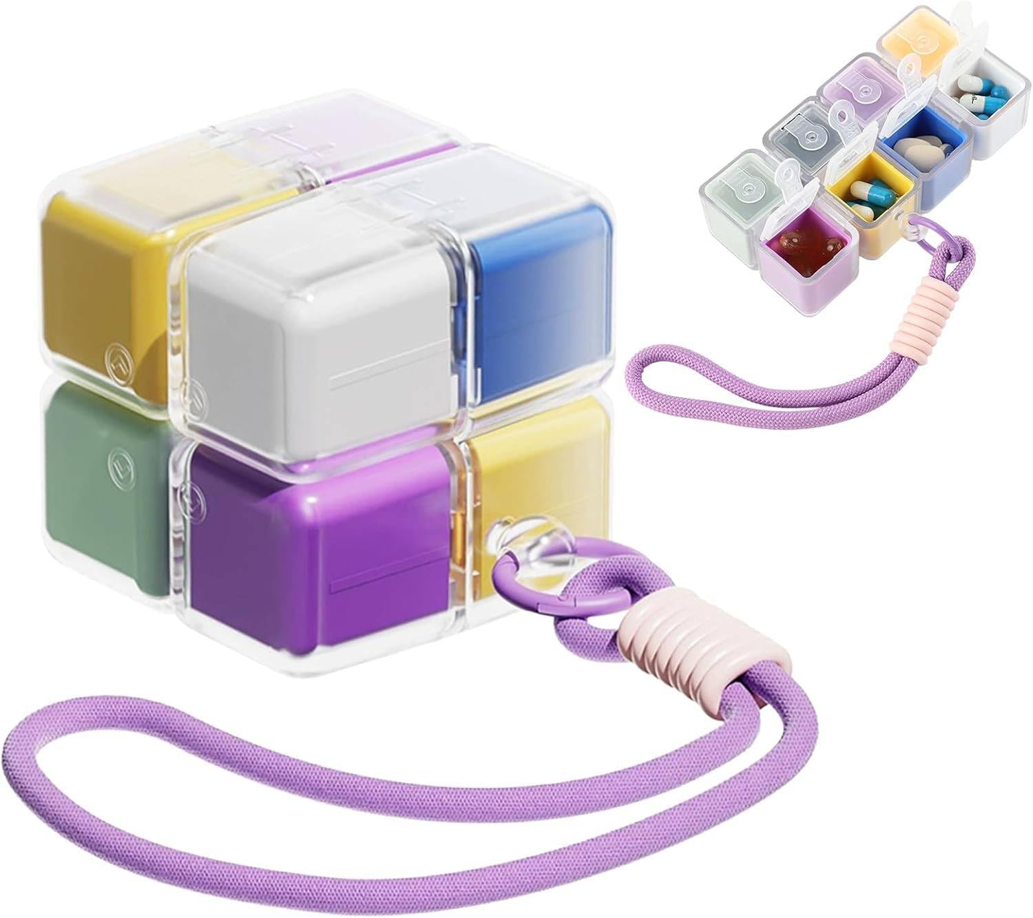 Magnetic Cube Pill Organiser – 8-Grid Travel Case with Lanyard & Washable Compartments