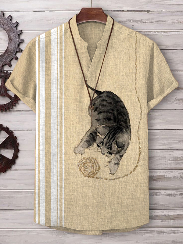 Men's Ball Of Yarn And Cat Print Casual V Neck T-Shirt