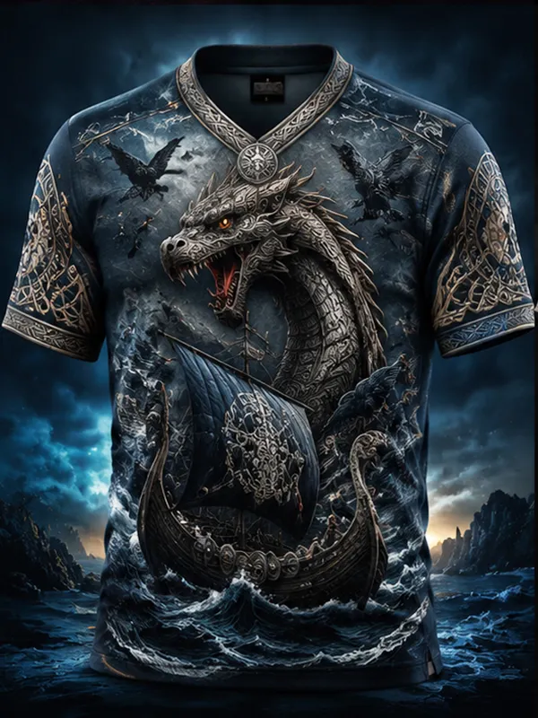 Men's Ocean Viking Dragon Longship Crow Norse Knot Print V Neck T-Shirt