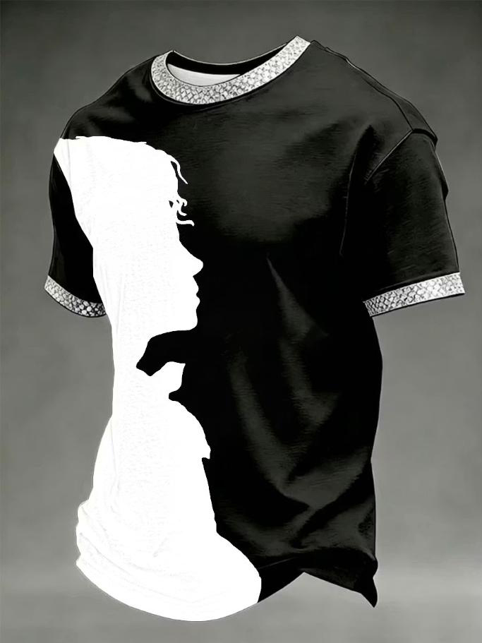 Men's Black Woman Silhouette Rhinestone Trim Colorblock Print T-Shirt