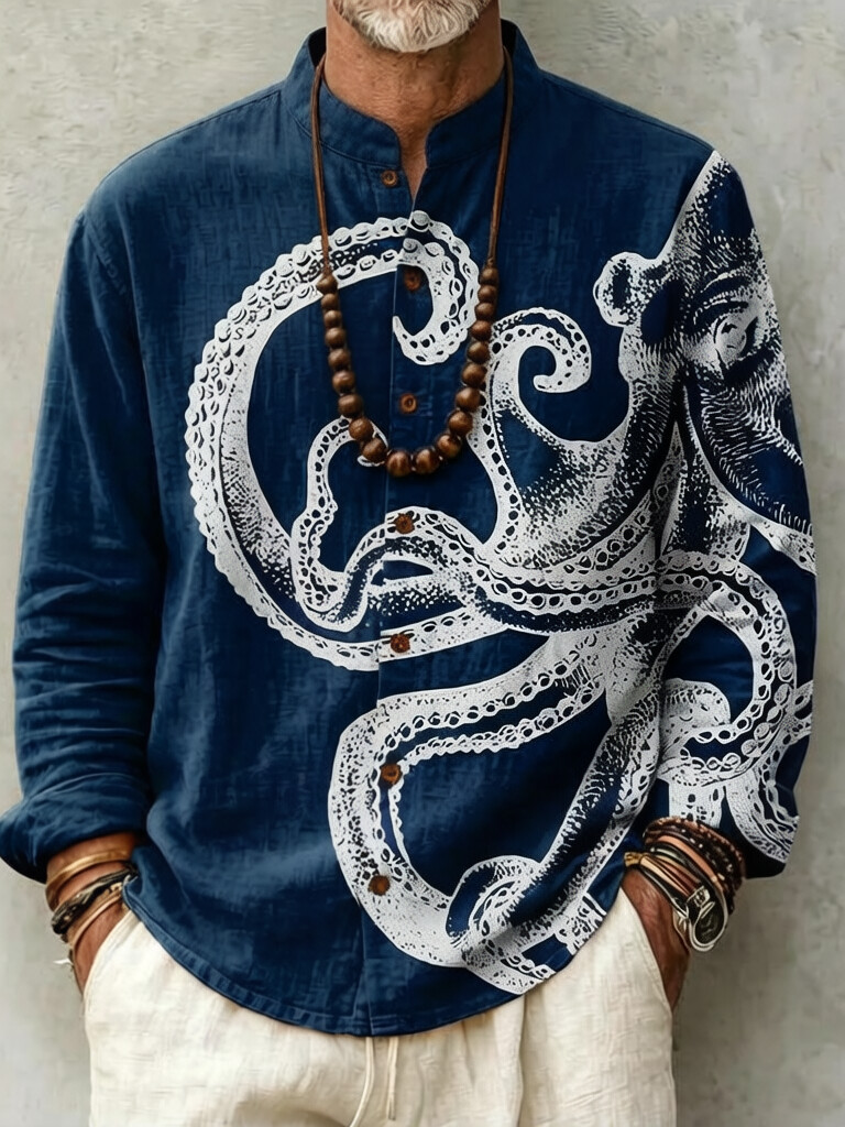 Men's Octopus Ocean Dark Art Print Long Sleeve Shirt