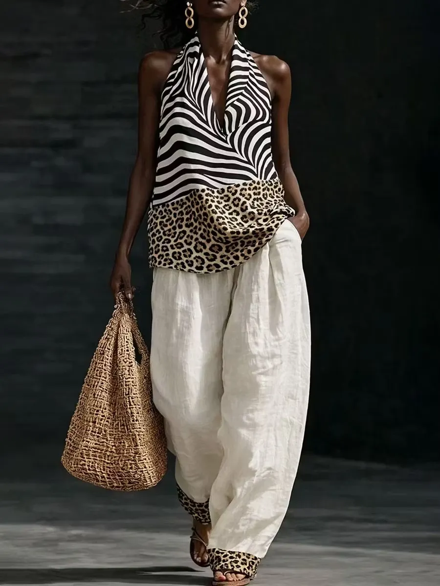 Women's Zebra Leopard Print Deep V Neck Tank Top Wide Leg Pants Matching Set