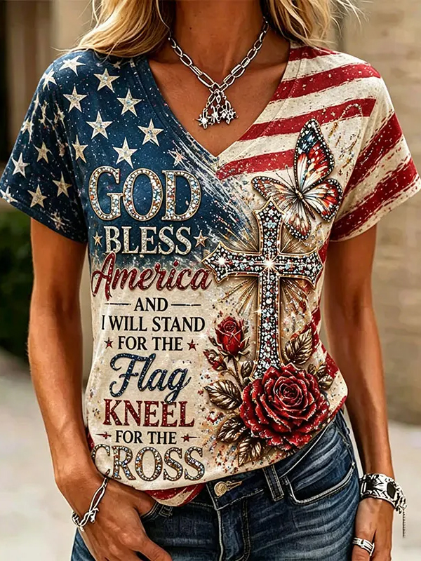 Women's God Bless America Faith Cross And Butterfly Art Print V Neck Short Sleeve T-Shirt