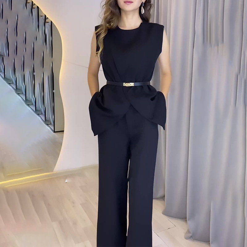 Women's Tops Solid Color Round Neck Sleeveless Belt Pocket Straight Leg Wide Leg Pants Set