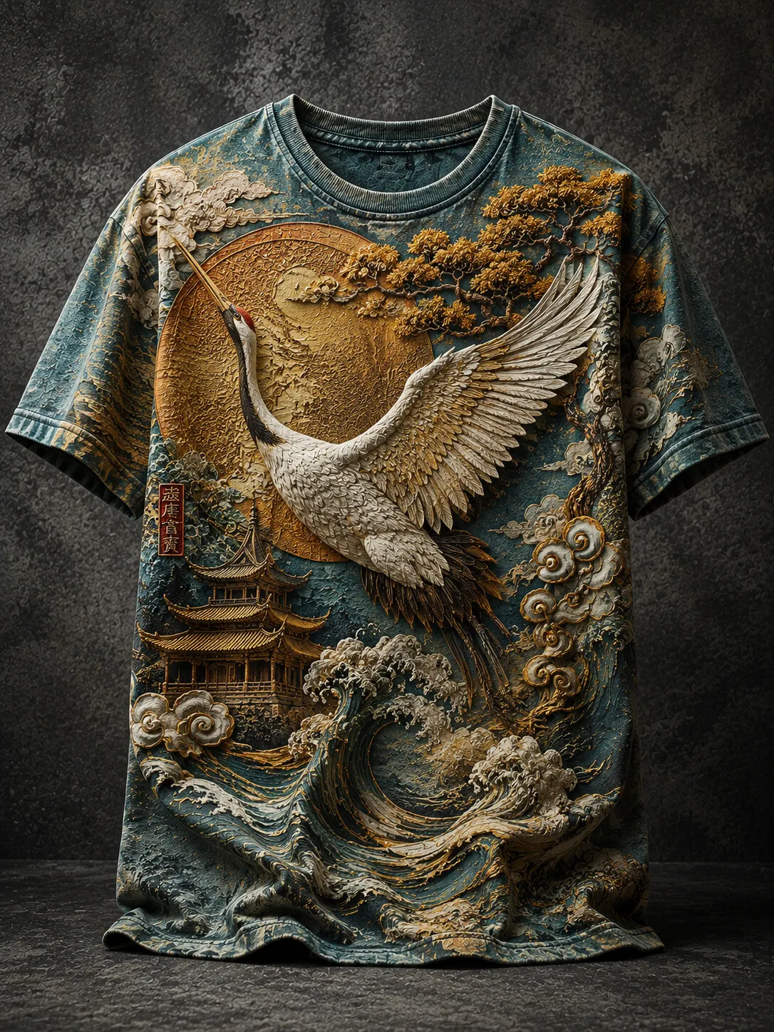 Men's Oriental Art Illustration Red-Crowned Crane Print Casual T-Shirt