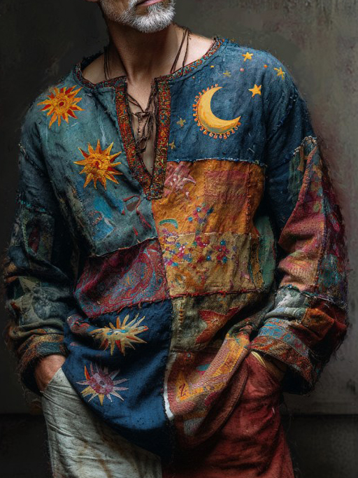 Men's Sun Moon Star Patchwork Art Print V Neck Long Sleeve T-Shirt