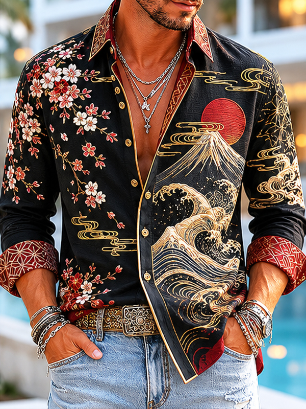 Men's Bamboo Japanese Art Print Long Sleeve Shirt