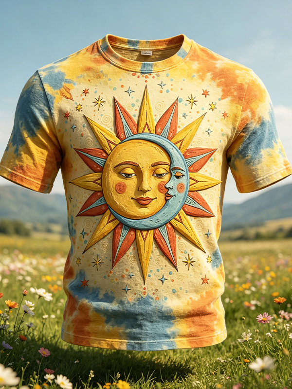 Men's Tie-Dye Sun And Moon Face Print T-Shirt