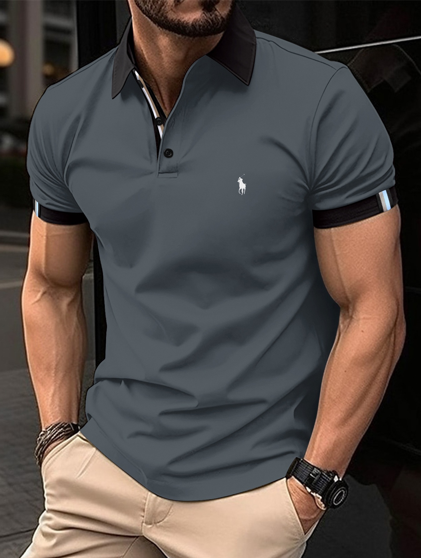 Visenoya 2024 Men's Solid Color Lapel Casual Polo Shirt