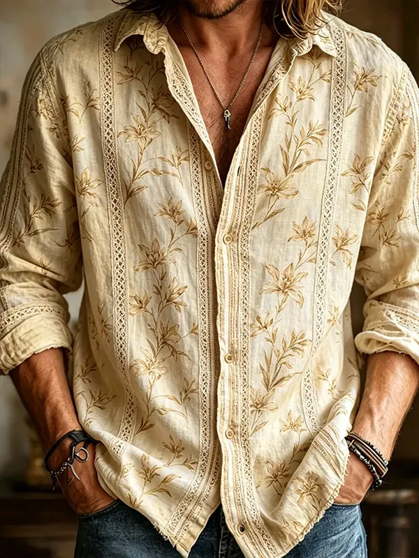Men's Vintage Boho Botanical Art Flowers Print Long Sleeve Shirt