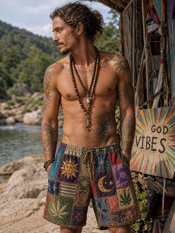Men's Hippie Patchwork Sun Moon Leaf Art Print Casual Shorts