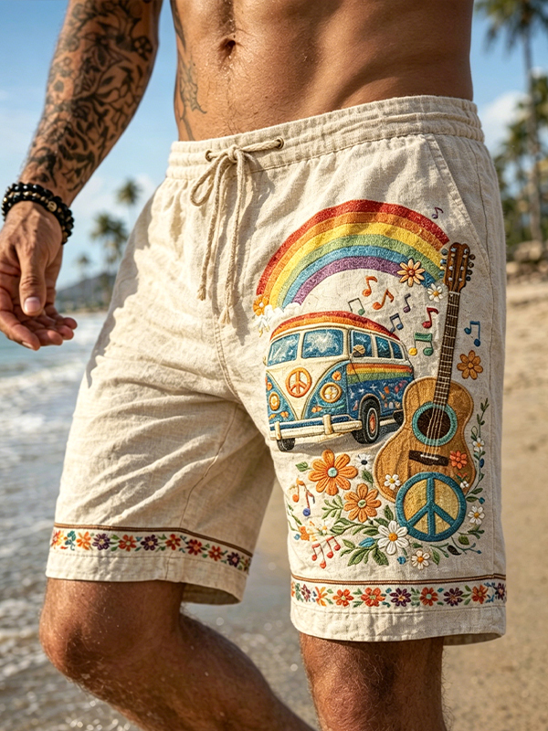 Men's Retro Hippie Vacation Style Art Print Casual Shorts