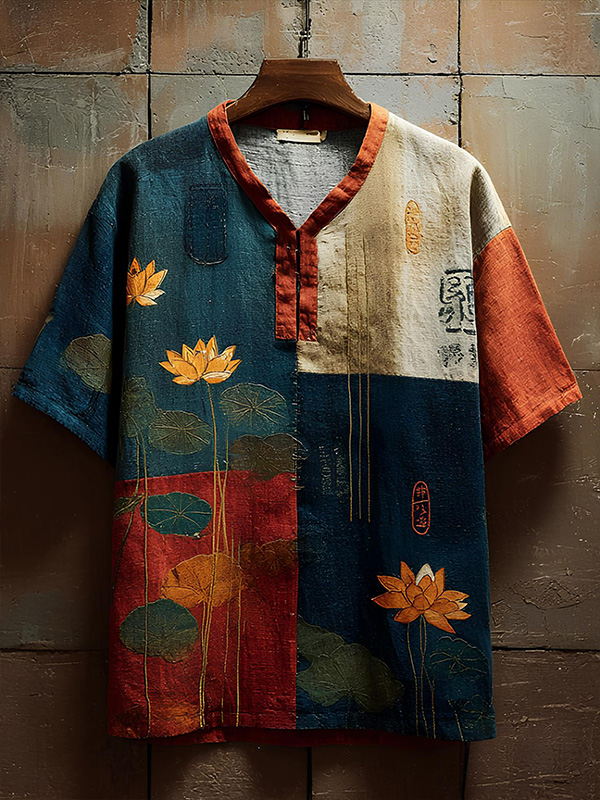Men's Colorblock Lotus Art Print Casual V Neck T-Shirt