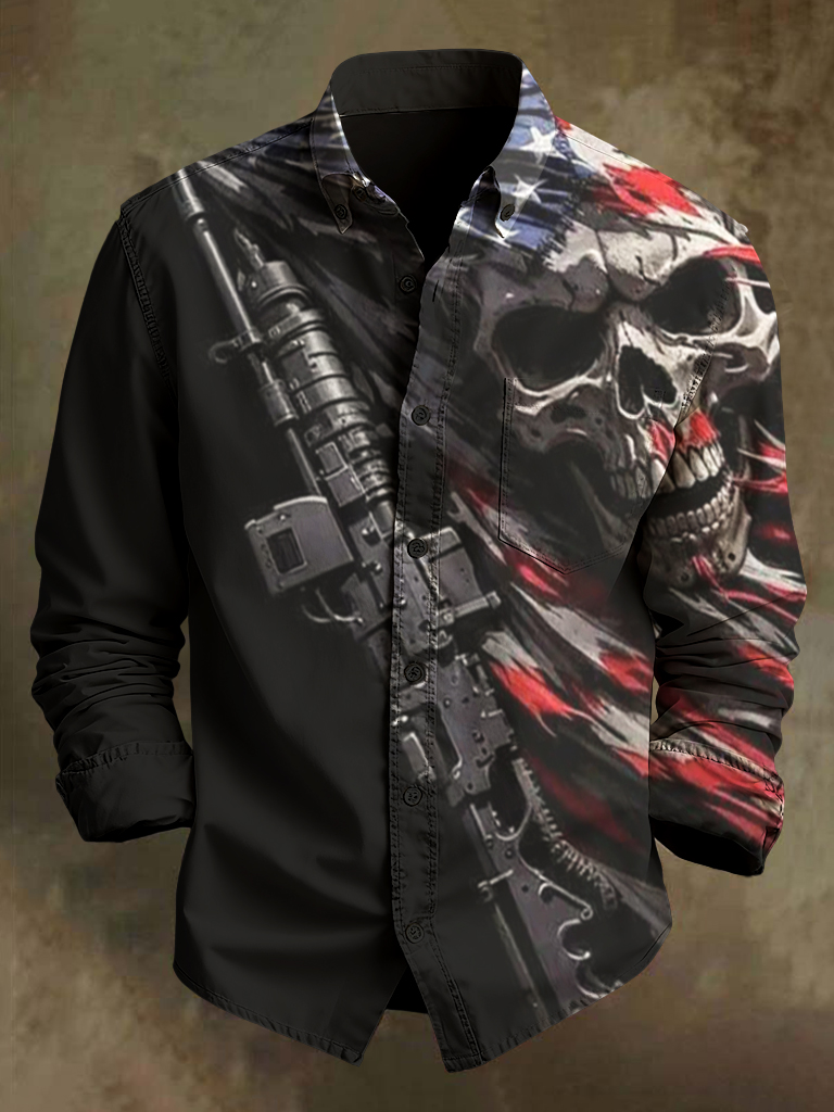 Men's Independence Day Dark Skeleton Art Pattern Long Sleeve Shirt