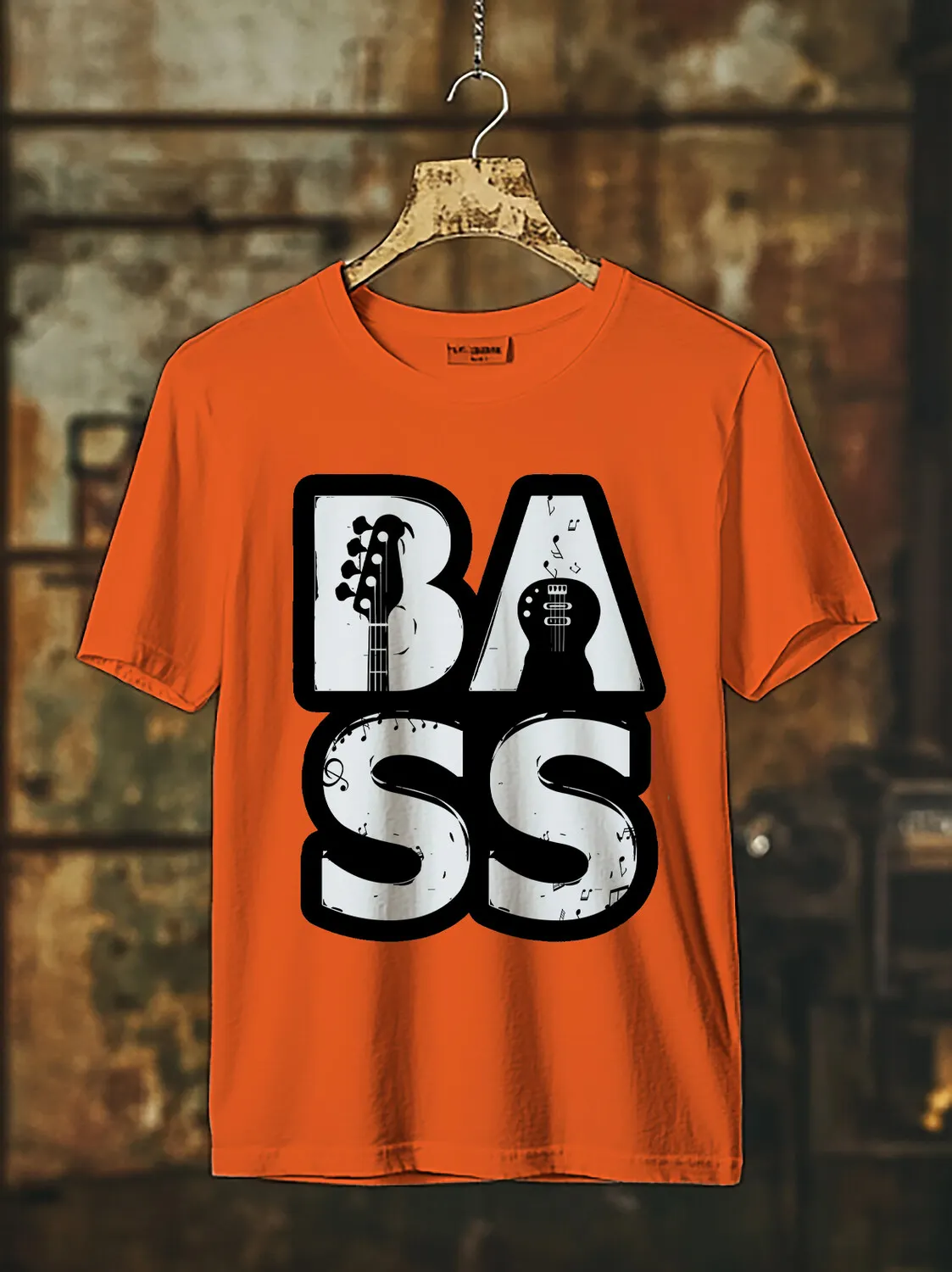 Men's Bass Guitar Music Note Print Cotton Casual T-Shirt