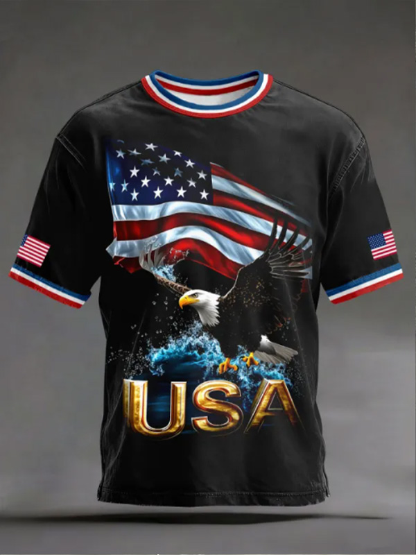 Men's USA Flag Independence Day Eagle Print Casual T-Shirt