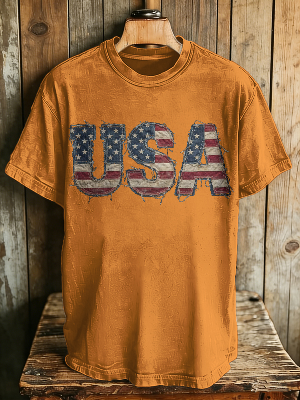 Men's USA Flag Vintage Frayed Letter Print Cotton Casual T-Shirt