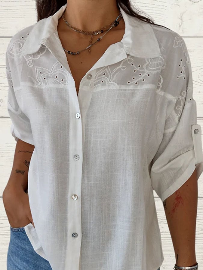 Women'S Casual Solid Color Lapel Stitching Lace Shirt