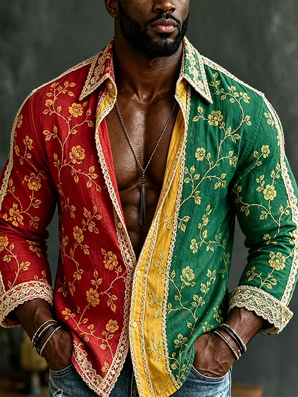 Men's Retro Reggae Bohemian Floral Vines Print Long Sleeve Shirt