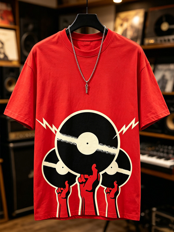 Men's Vinyl Records Printed Casual T-Shirt