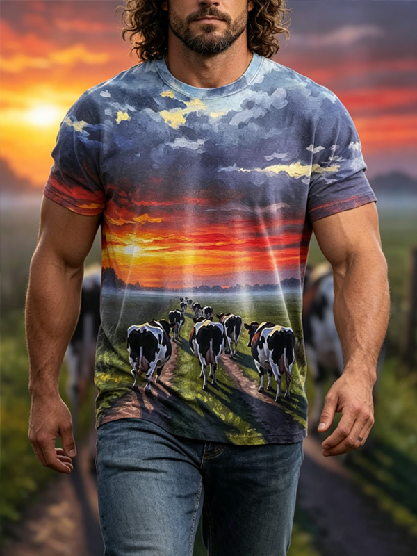 Men's Sunset Cows Landscape Art Print T-Shirt
