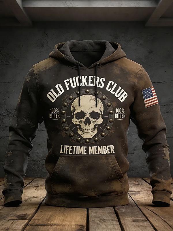 Men's Old Fuckers Club Lifetime Member Skull Art Print Pocket Hoodie