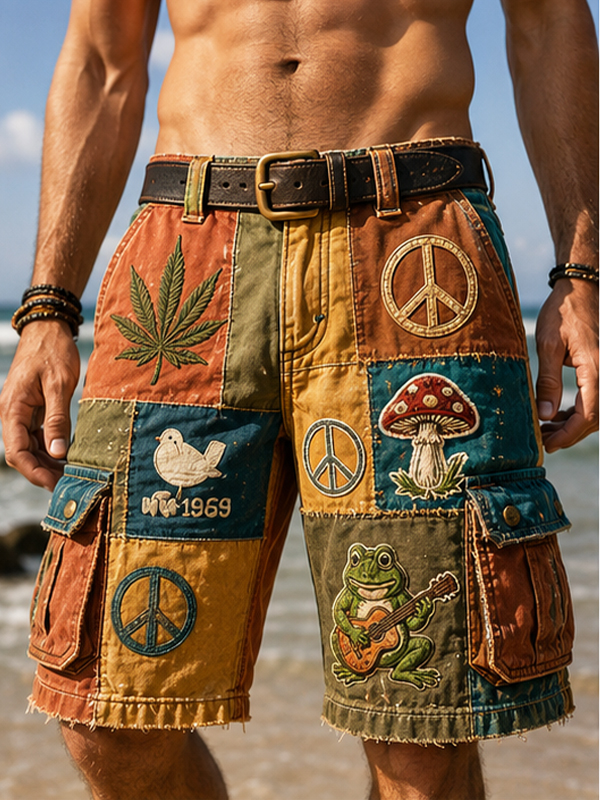 Men's Hippie Patchwork Peace Sign Frog Guitar Art Print Casual Shorts