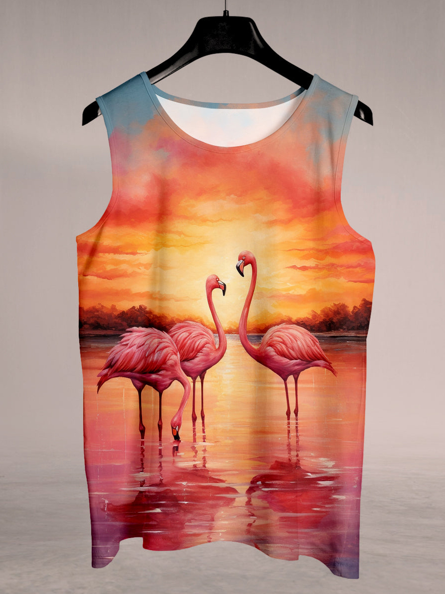 Men's Hawaii Sunset Flamingo Print Vacation Tank Top
