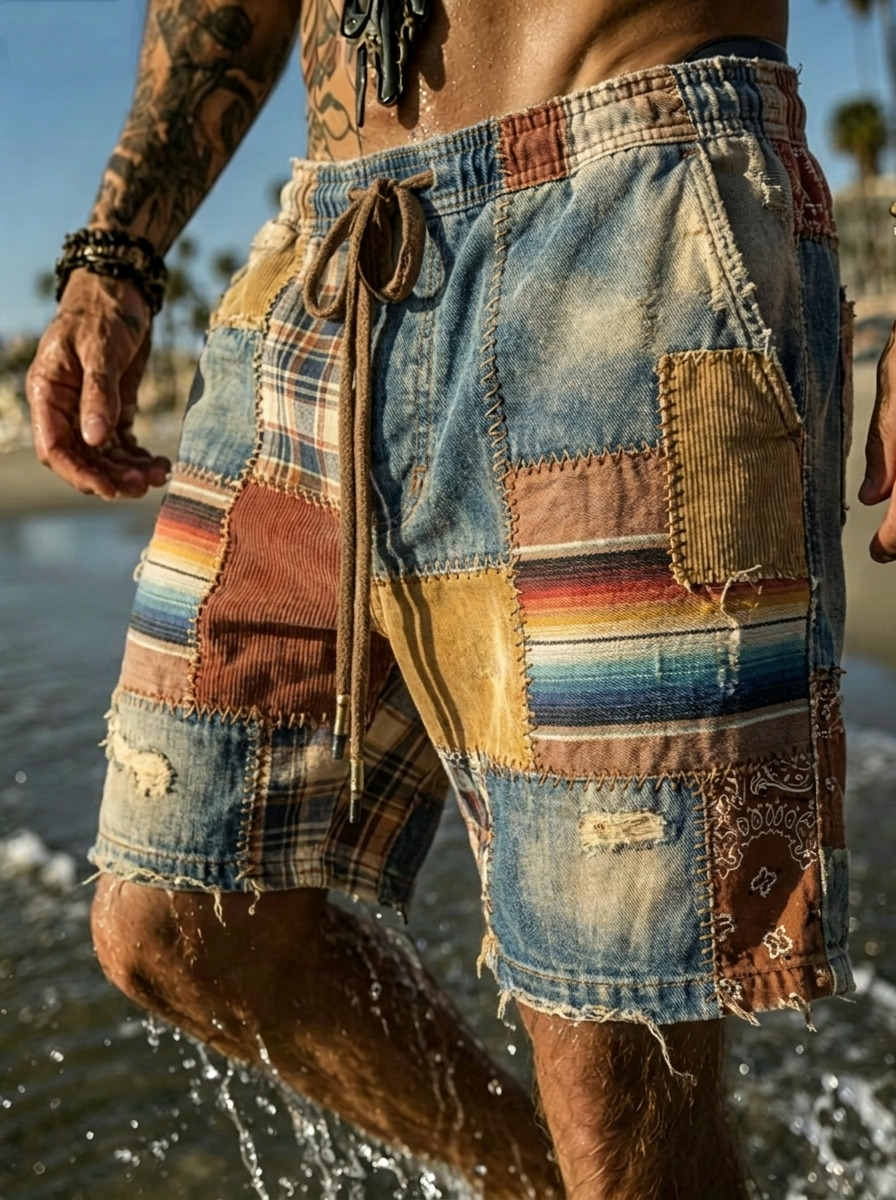 Men's Western Style Geometric Patchwork Print Casual Shorts