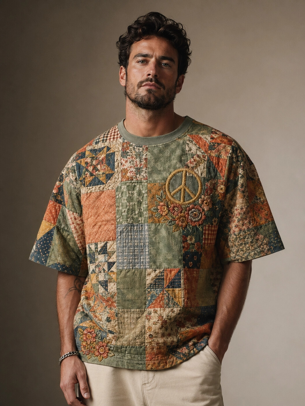 Men's Geometric Patchwork Art Floral Peace Sign Print Casual T-Shirt