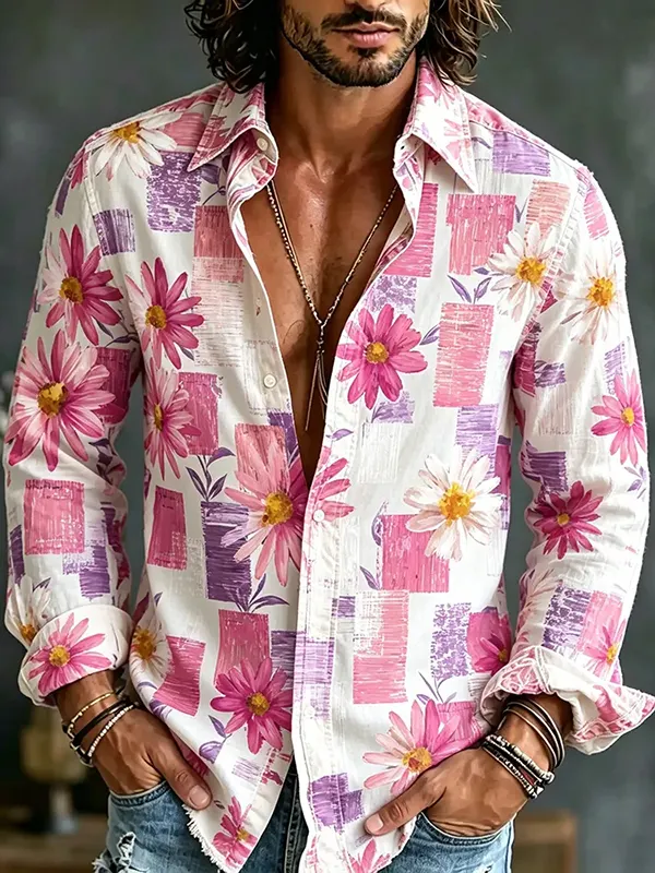 Men's Daisy Graffiti Print Vacation Long Sleeve Shirt