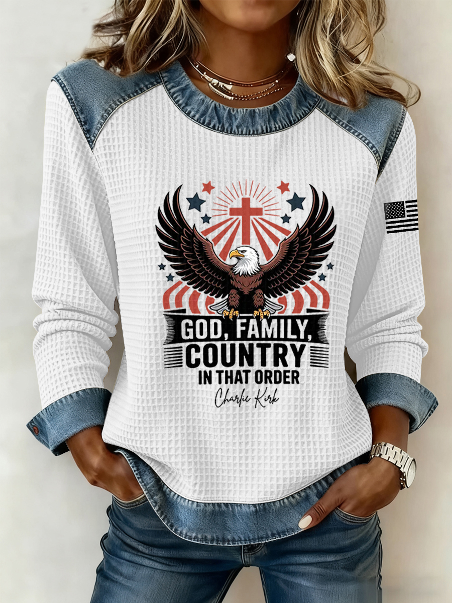 Women's God, Family Eagles Independence Day Print Sweatshirt