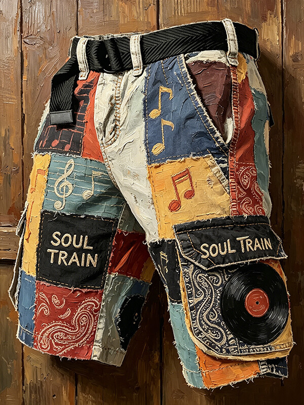 Men's Vintage Soul Train Music Patchwork Paisley Oil Painting Texture Art Print Denim-Like Casual Shorts
