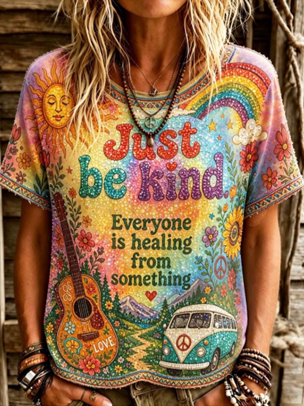 Women's Colorful Hippie Just Be Kind Rainbow Sun Guitar Peace Van Floral Art Print Casual T-Shirt