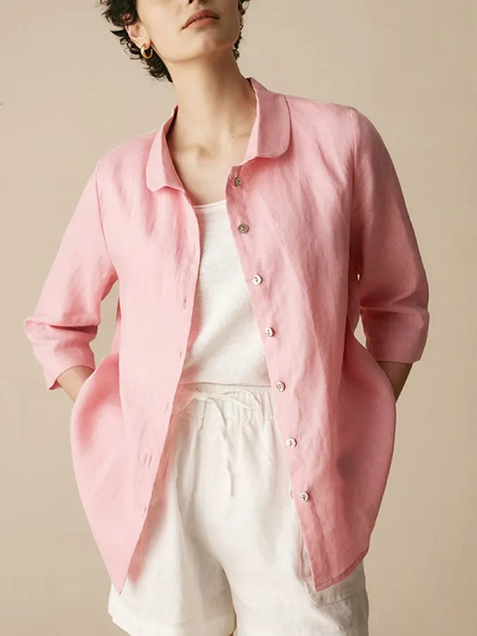 Women'S Linen Casual Peter Pan Collar 3/4 Sleeve Shirt