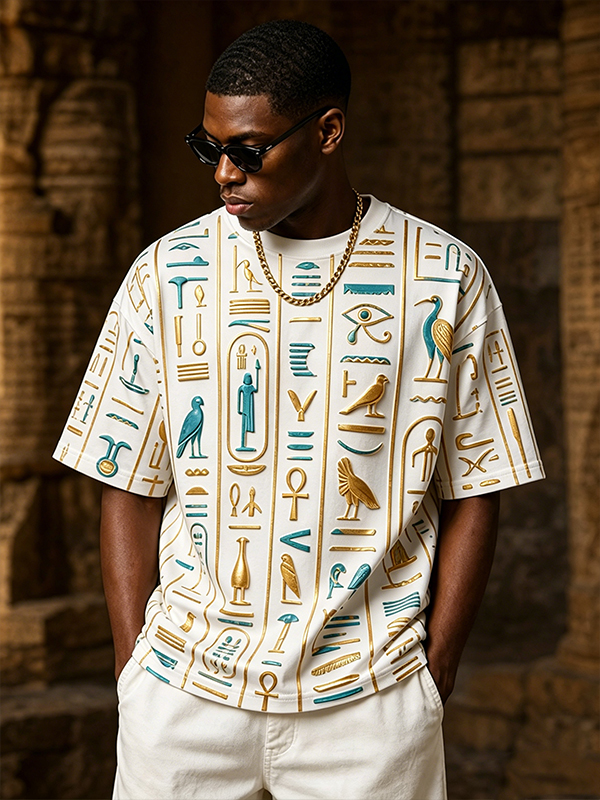 Men''s Egyptian Hieroglyph Symbol Print T Shirt