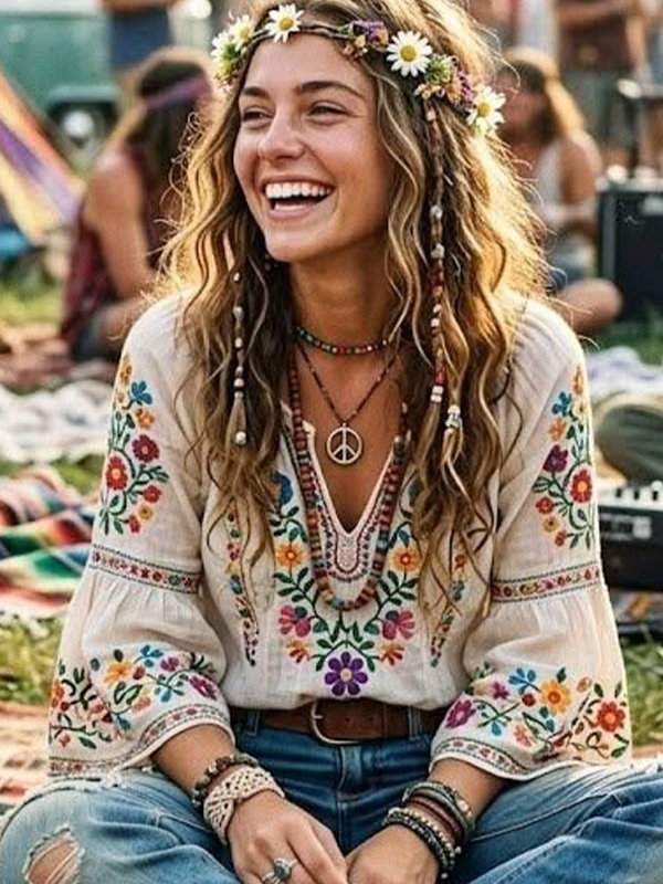 Women's Boho Floral And Vine Pattern Print V Neck Long Sleeve T-Shirt