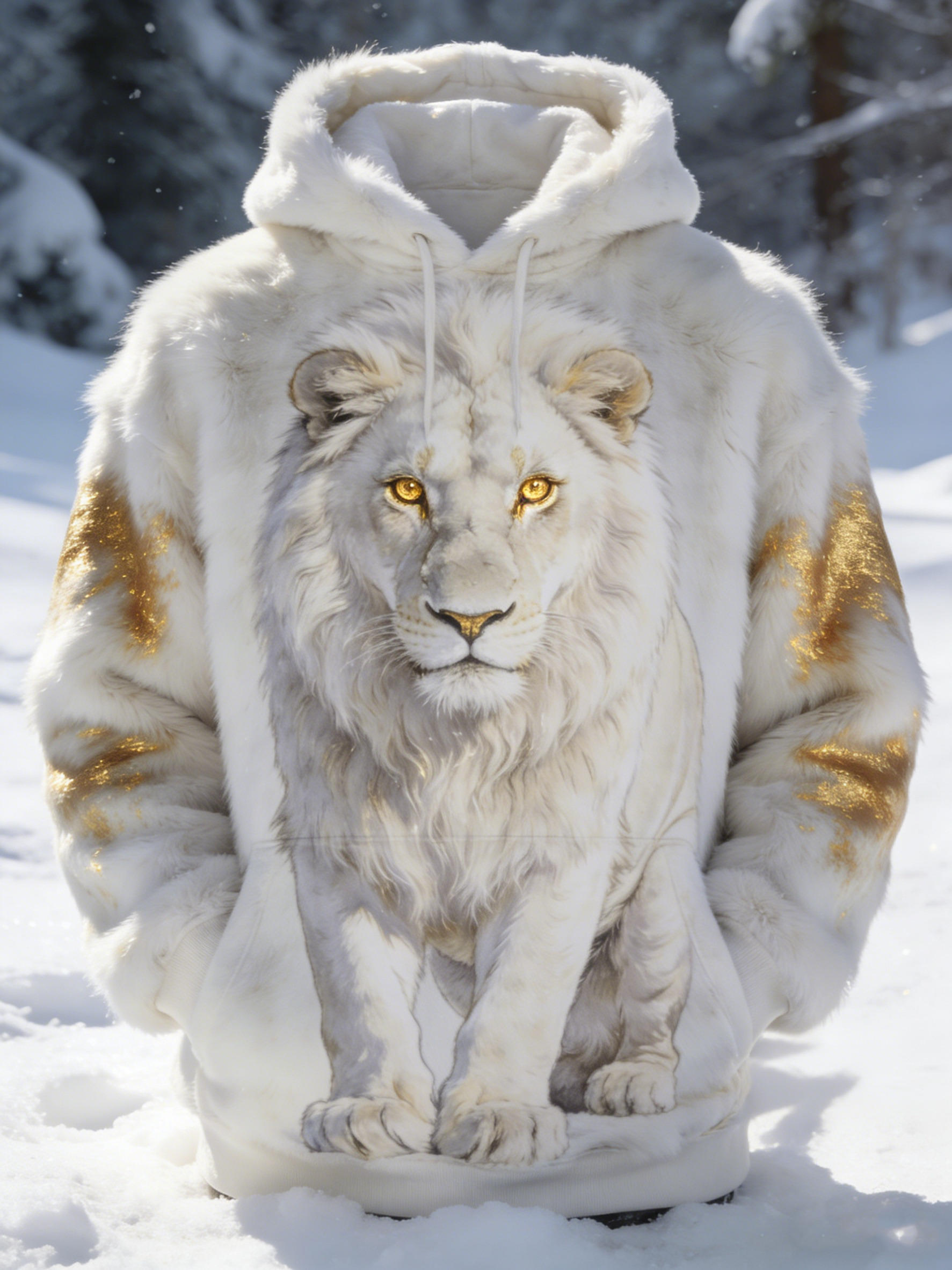 Men's Lion Bronzing Art Print Flannel Pocket Hoodie